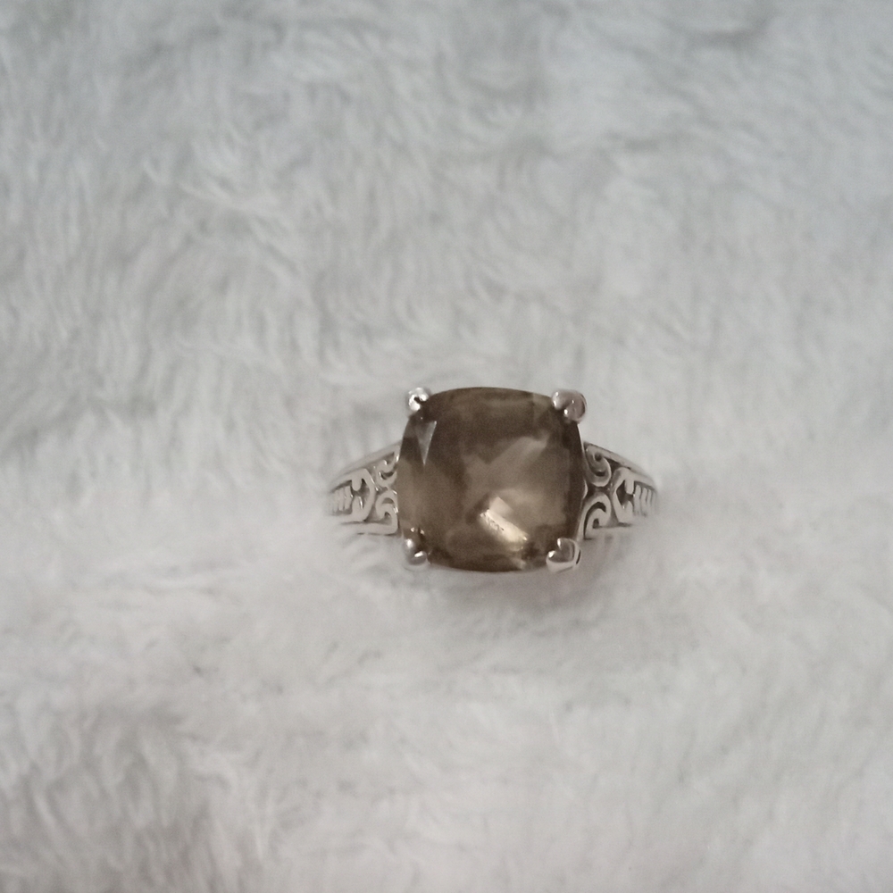Elegant Sterling Silver Ring with a Large Smoky Quartz Center Stone. Size 7